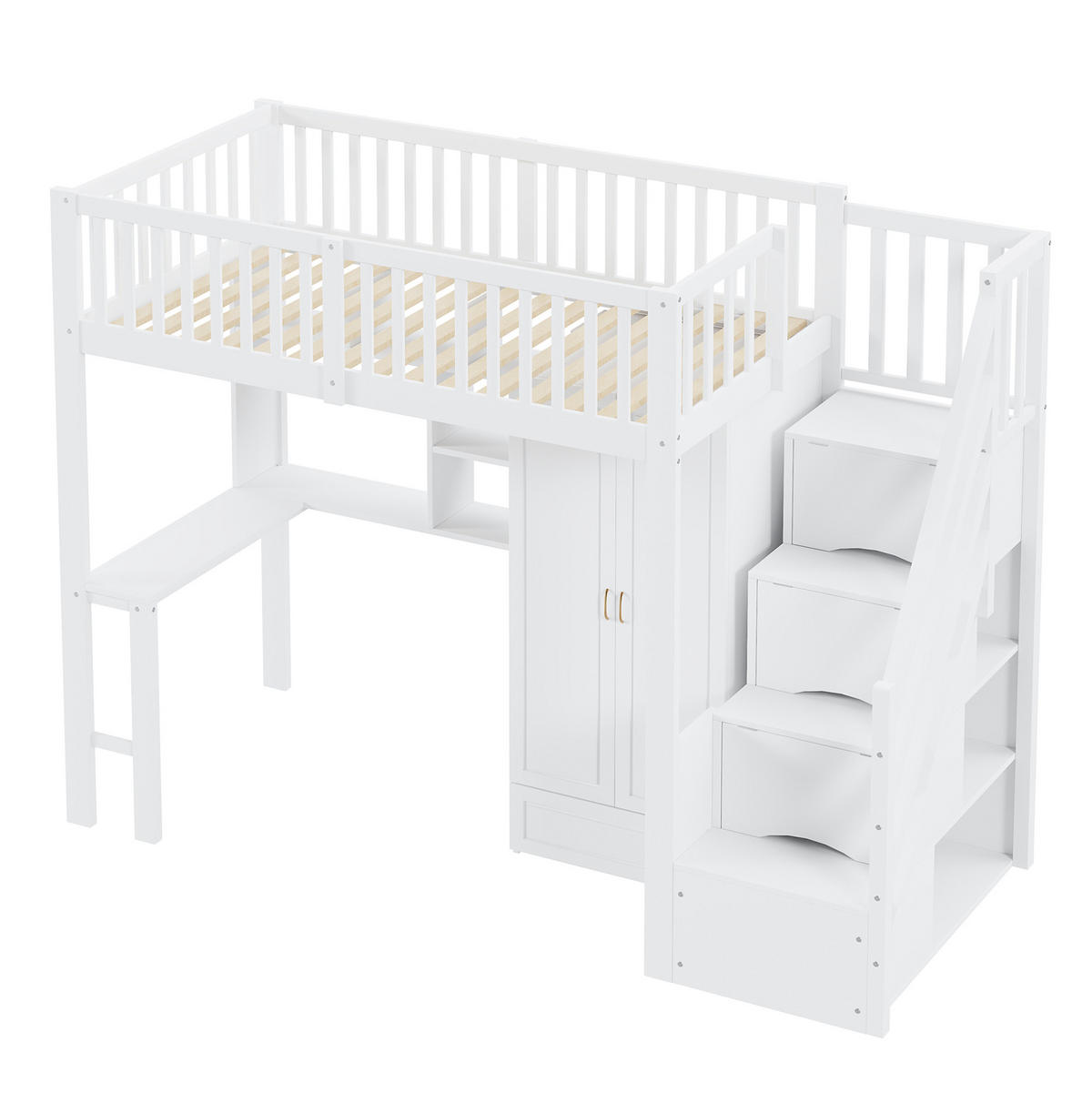HOCHBETT 90/200 cm Weiß aus Massivholz mit Kleiderschrank, Tisch und Stauraum - Weiß, Holz (90/200cm) - Flora Grace