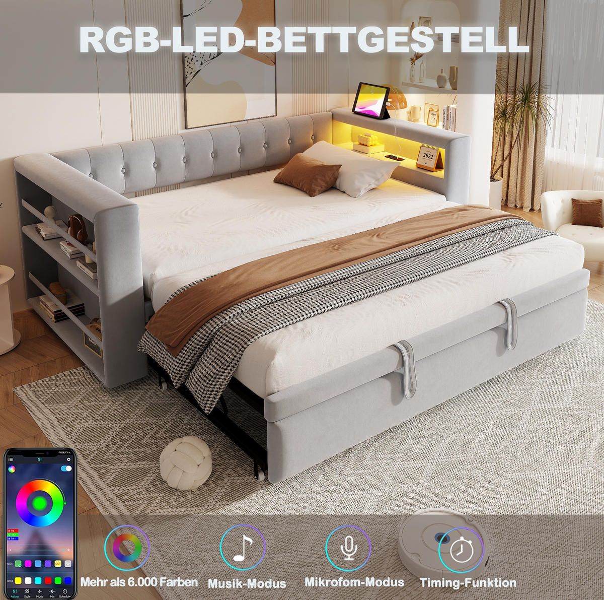 POLSTERBETT 90/190 cm mit LED-Beleuchtung, Steckdose und Armlehnen-Stauraum, Flanell, Hellgrau - Hellgrau, Textil (90/190cm) - Redom
