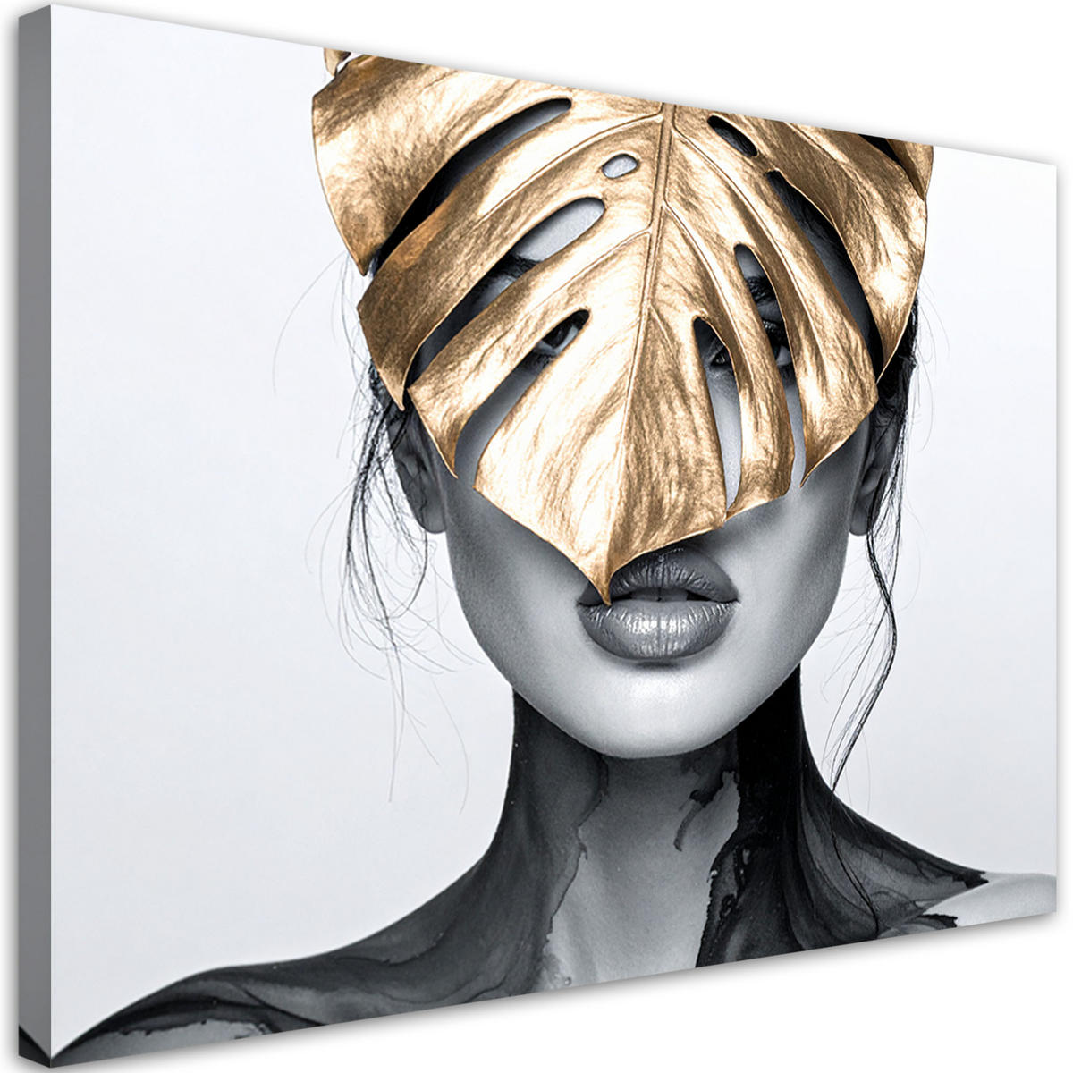 LEINWANDBILD Porträt einer Frau und ein goldenes Monstera-Blatt 120x80cm - Grau, Textil (120/80cm) - Feeby