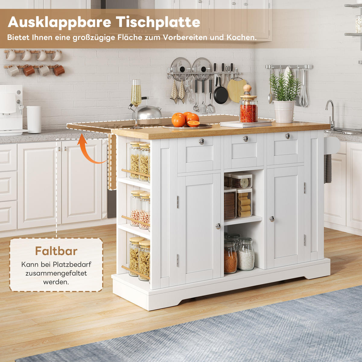 KÜCHENINSEL 132/87/40(70) cm Weiß/Natur aus MDF mit klappbarer Arbeitsplatte - Weiß, Holzwerkstoff (70/87/132cm) - OKMYHOME
