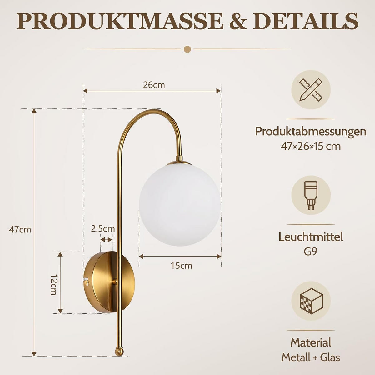 WANDLEUCHTE Epstein II 26x15x47cm - Goldfarben, Metall (15/47/26cm) - Nettlife
