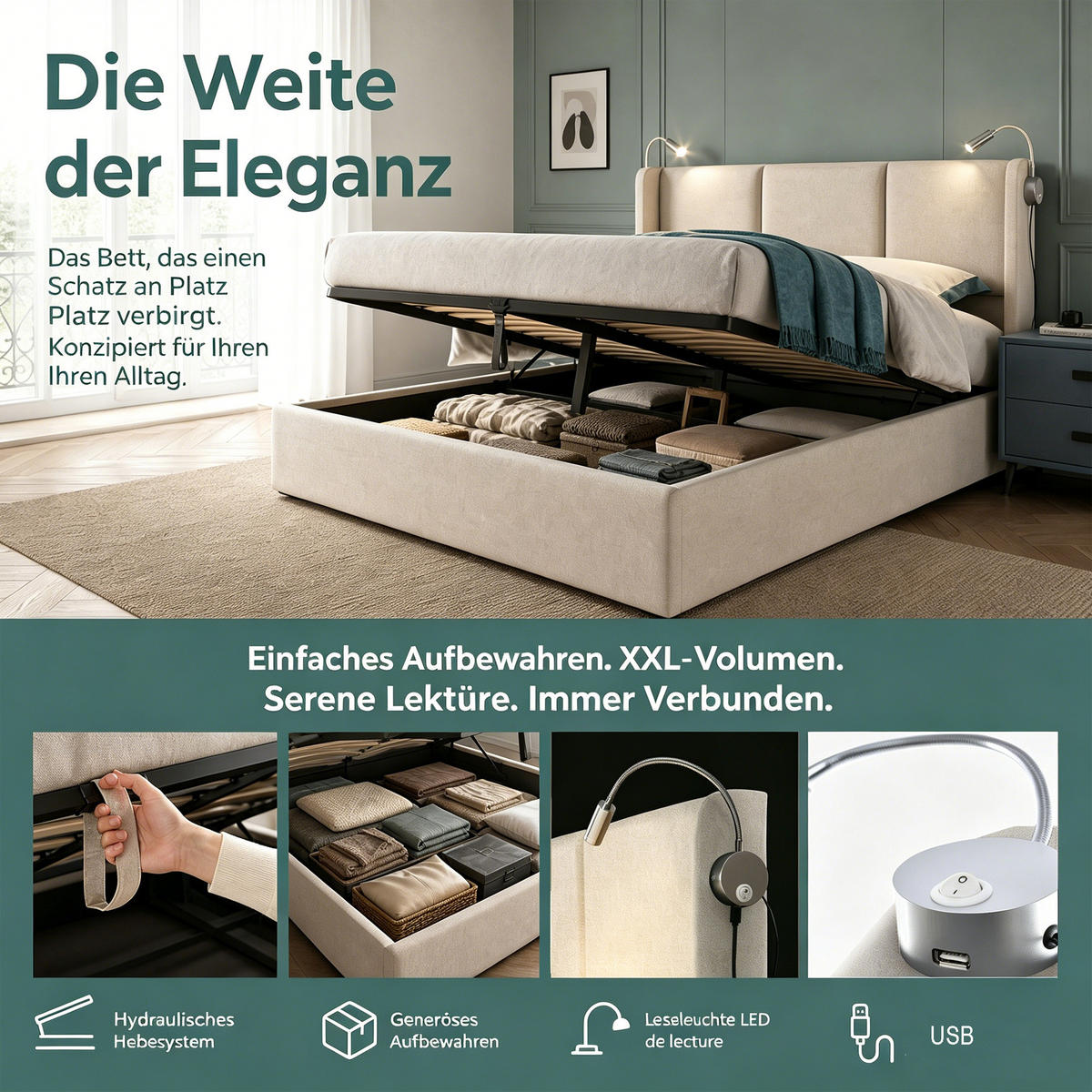 POLSTERBETT 160x200 mit stauraum, bettgestell 160x200 mit Bettkasten, Leselampe, USB, Lattenrost, Kopfteil, Leinenstoff, beige - Beige, Holz/Textil (160/200cm) - GENKI LIVING
