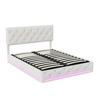 POLSTERBETT 140x200 cm mit LED-Beleuchtung - hydraulischem Bettkasten - ohne Matratze - Off-White - Creme, Textil (140/200cm) - DELFA