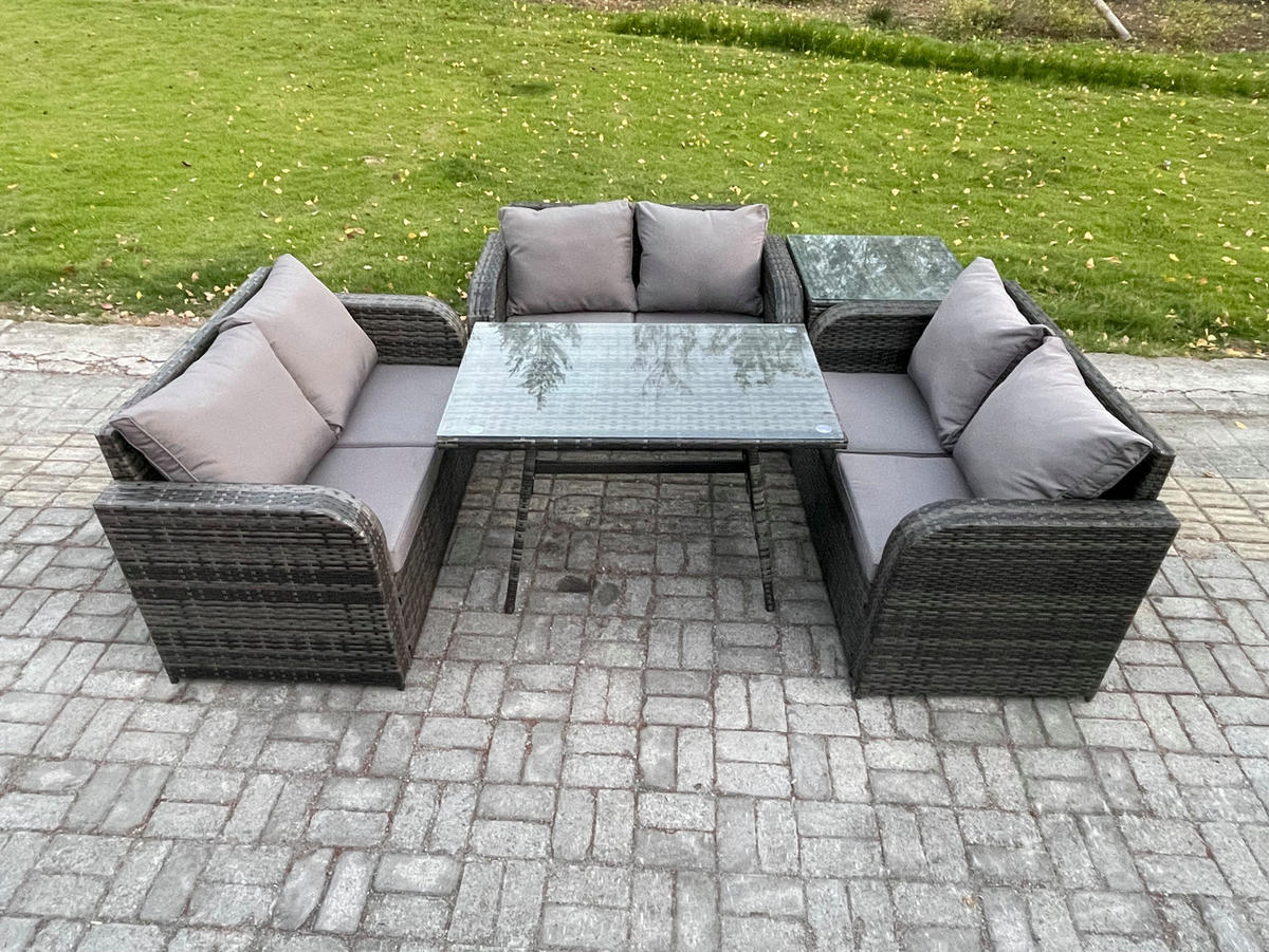 GARTENMÖBELSET mit ESSTISCH,SOFA Polyrattan 6-Sitzer - Dunkelgrau/Grau, Glas/Kunststoff - Fimous