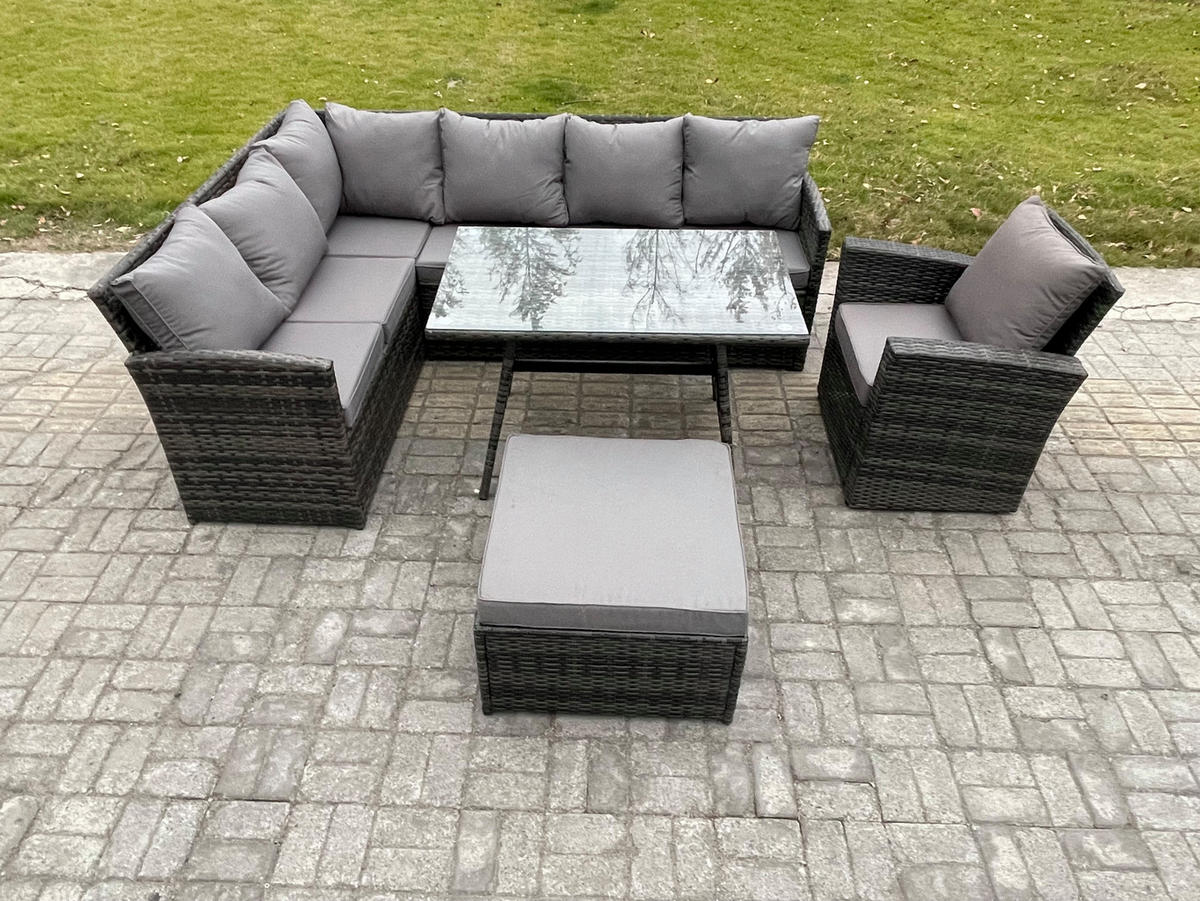 SITZGRUPPE mit Ecksofa,Fußhocker Polyrattan Dunkelgrau 8-Sitzer - Dunkelgrau/Grau, Glas/Kunststoff - Fimous