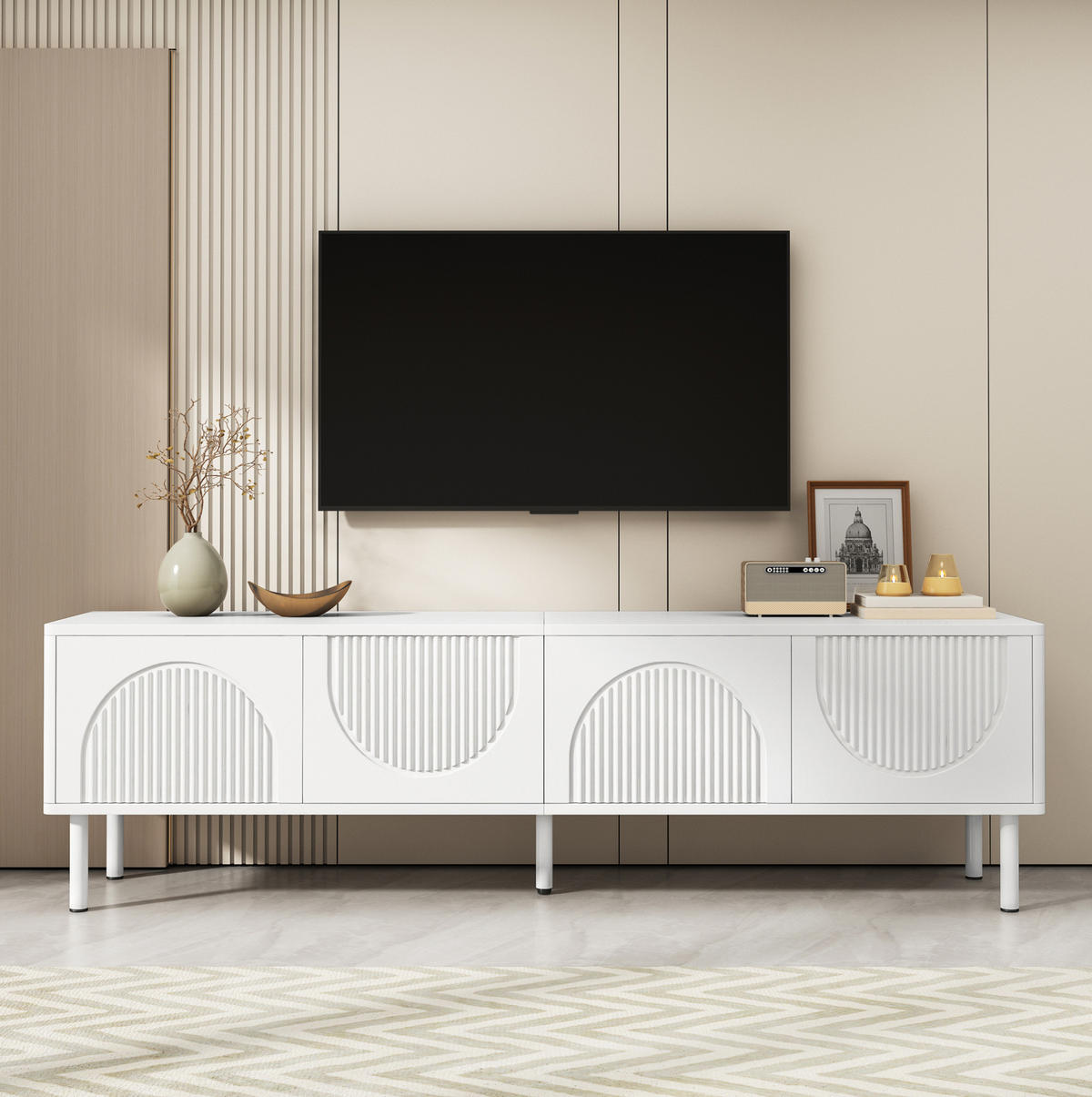 TV-LOWBOARD mit 4 Fächern 180 cm Weiß aus MDF und Spanplatte - Weiß, Holzwerkstoff (40/52/180cm) - Beauniv