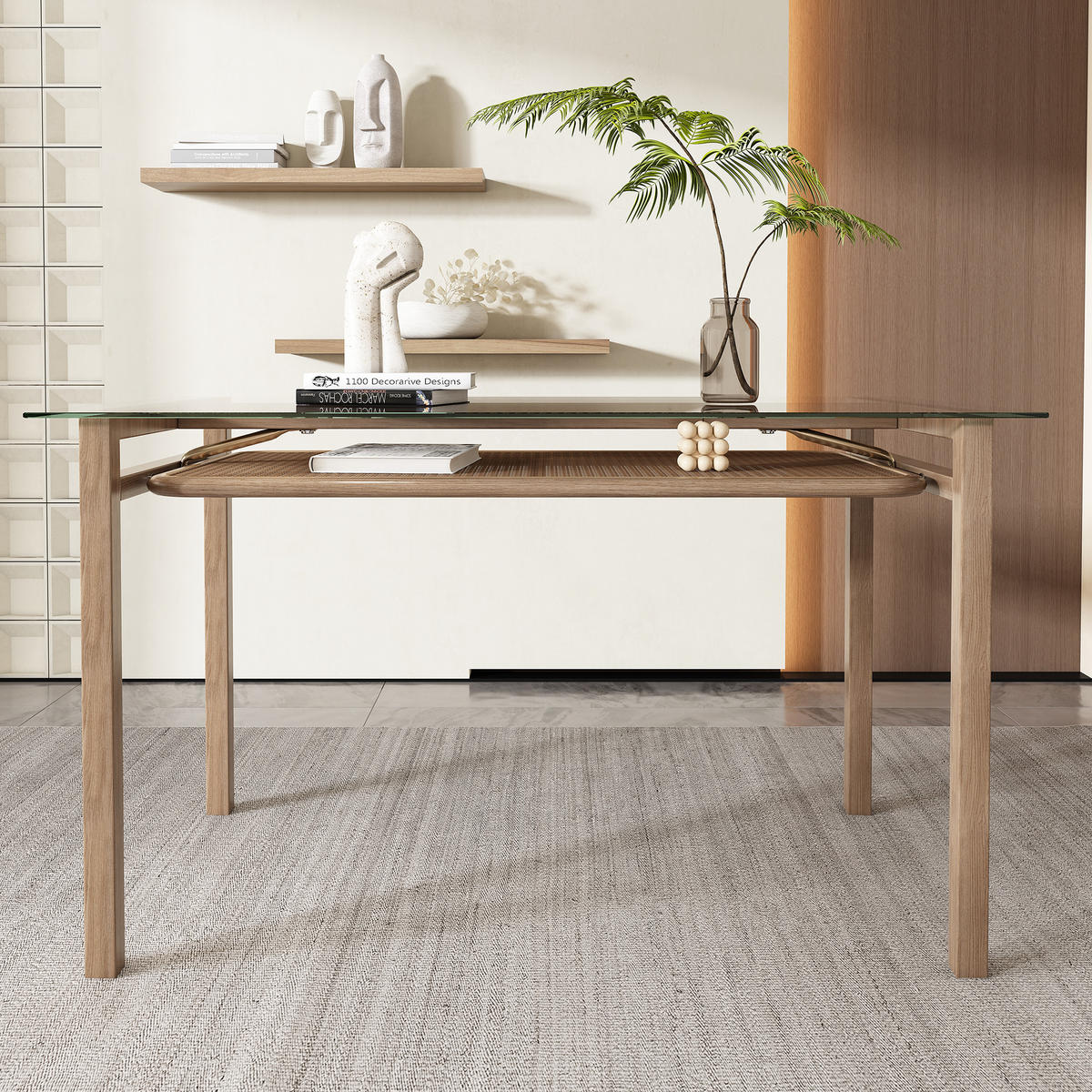 ESSTISCH SET mit Esstisch aus Glas und 4 Rattan stühle - Grün, Glas/Textil (110/74/65cm) - Urban Meuble