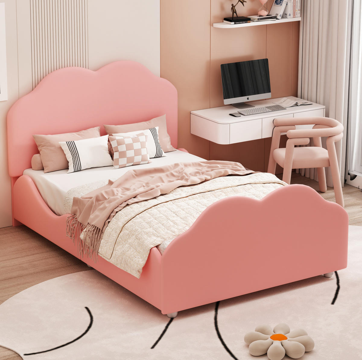 KINDEREINZELBETTEN aus Samt 90x200 cm in Rosa mit Rausfallschutz - Rosa, Textil (90/200cm) - Modfu