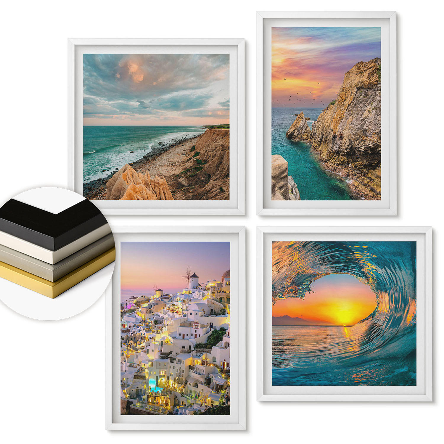 WANDBILDER 4er-Set - 50x50 cm & 40x60 cm Weißer Rahmen - Meereswellen, weiße Häuser, Santorini - Weiß, Kunststoff (50/50cm) - ArtPrintCave