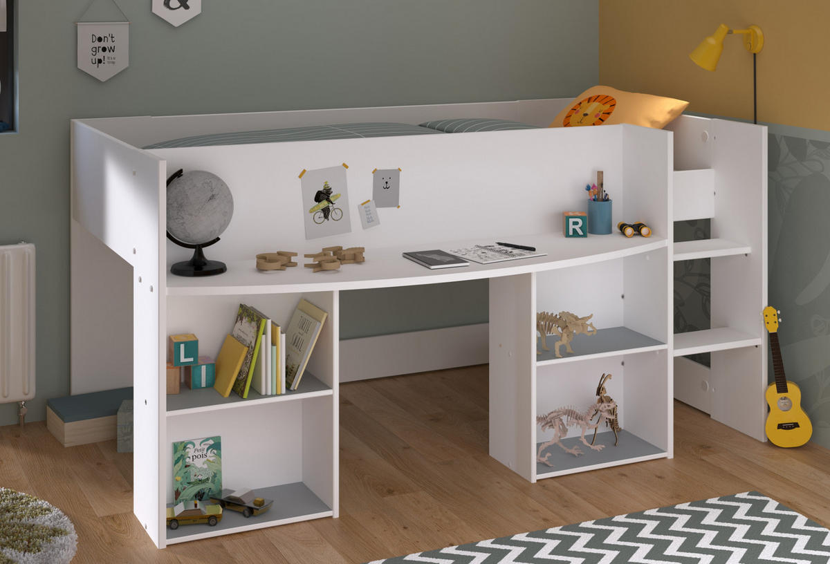 HOCHBETT Bett 90 x 200 cm mit Stauraum und Bastelfläche - Weiß/Kieferfarben, Holzwerkstoff (90/200cm) - Parisot Meuble