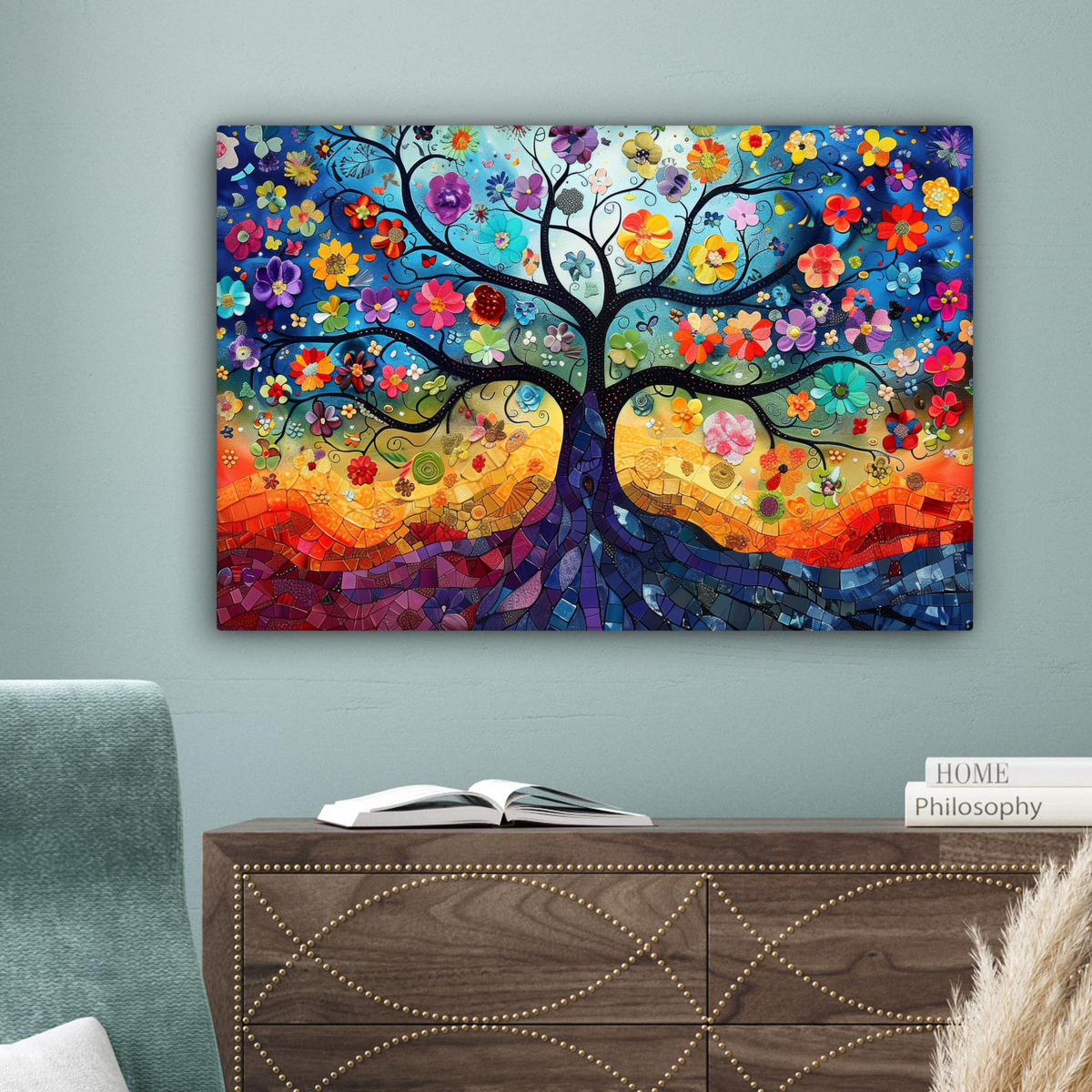 LEINWANDBILD Kunst - Baum des Lebens - Blumen - Hippie Gemälde 60x40 cm - Dunkelblau, Textil (60/40cm) - MuchoWow