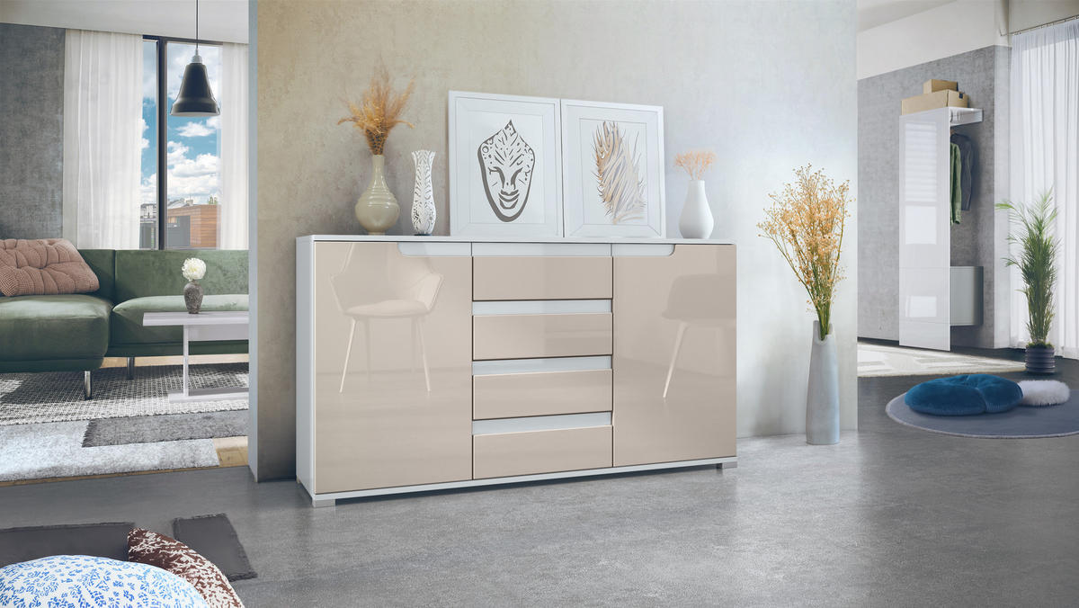 SIDEBOARD Sylt Sandgrau Hochglanz / Weiß Hochglanz - Sandfarben, Holzwerkstoff (138.5/75.5/35cm) - Vladon