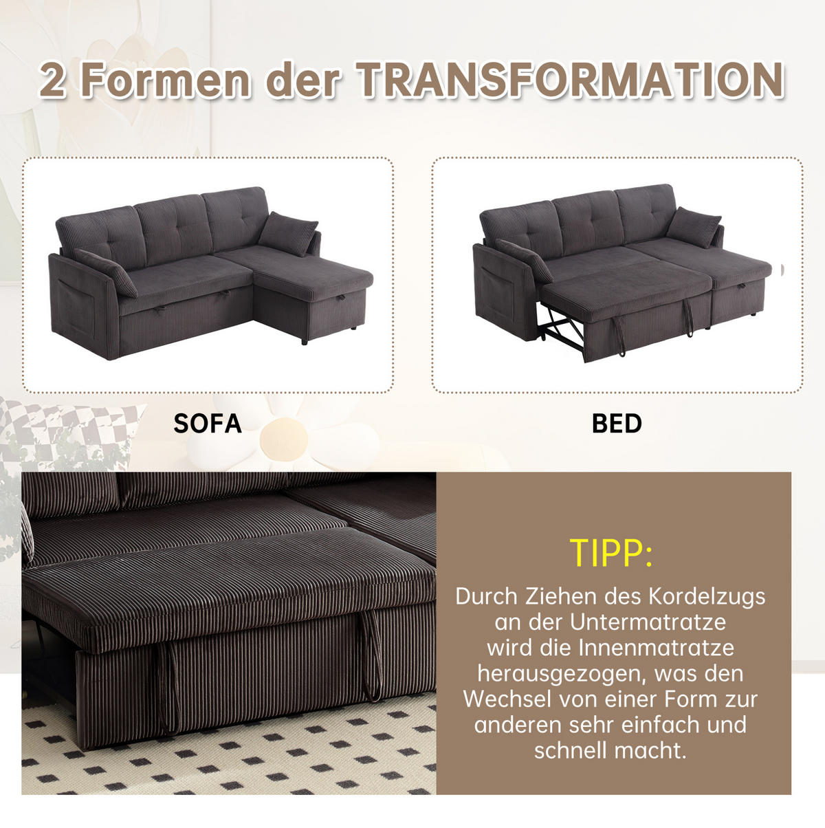 ECKSCHLAFSOFA Cord mit Stauraum und umstellbarer Ottomane Dunkelgrau 206/108/66 cm - Dunkelgrau, Textil (108/206cm) - Redom
