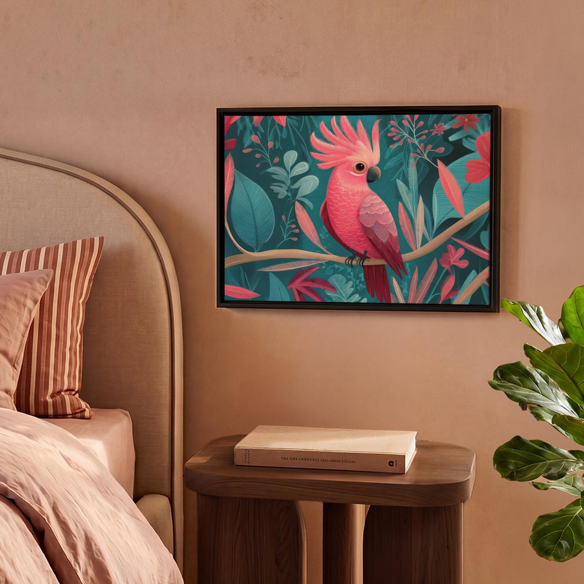 LEINWAND Bilder mit Rahmen - Kakadu - Tropische Blätter - Zweig - 40x30 - Petrol, Textil (40/30cm) - MuchoWow