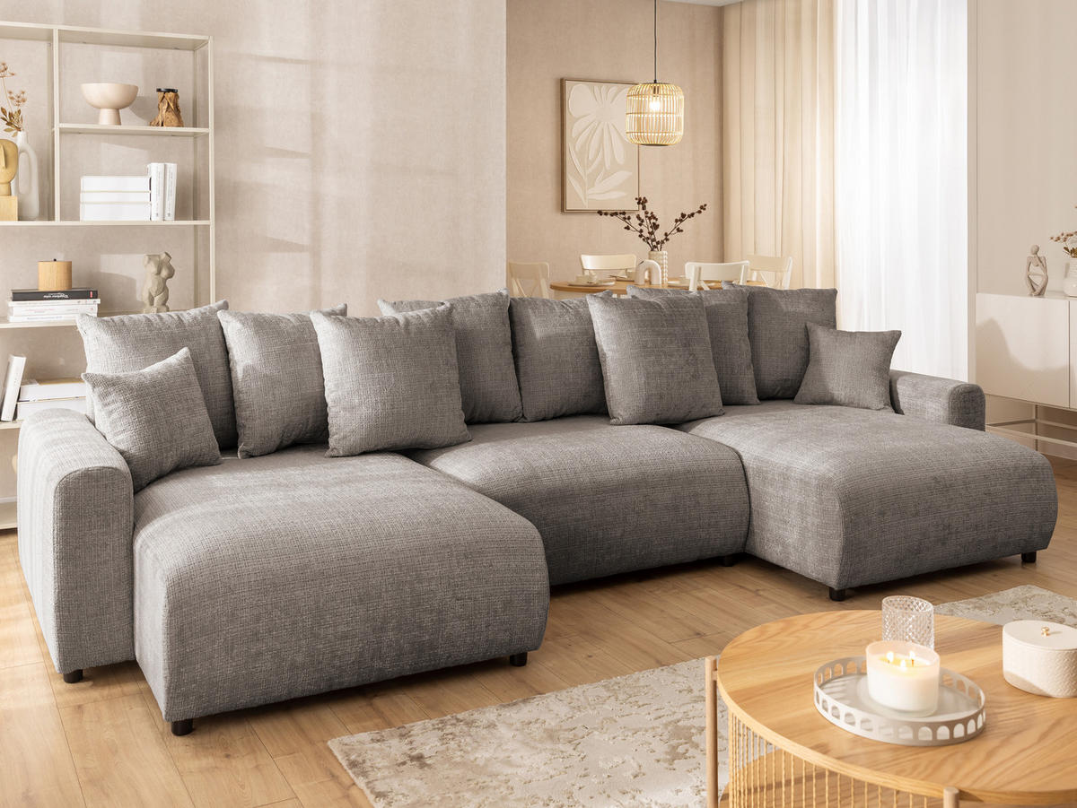 WOHNLANDSCHAFT Calma mit Schlaffunktion und Bettkasten im Bumpy-Design aus weichem Taupe Chenille-Stoff - Taupe/Schwarz, Holz/Kunststoff (336/88/140cm) - S-Style Möbel