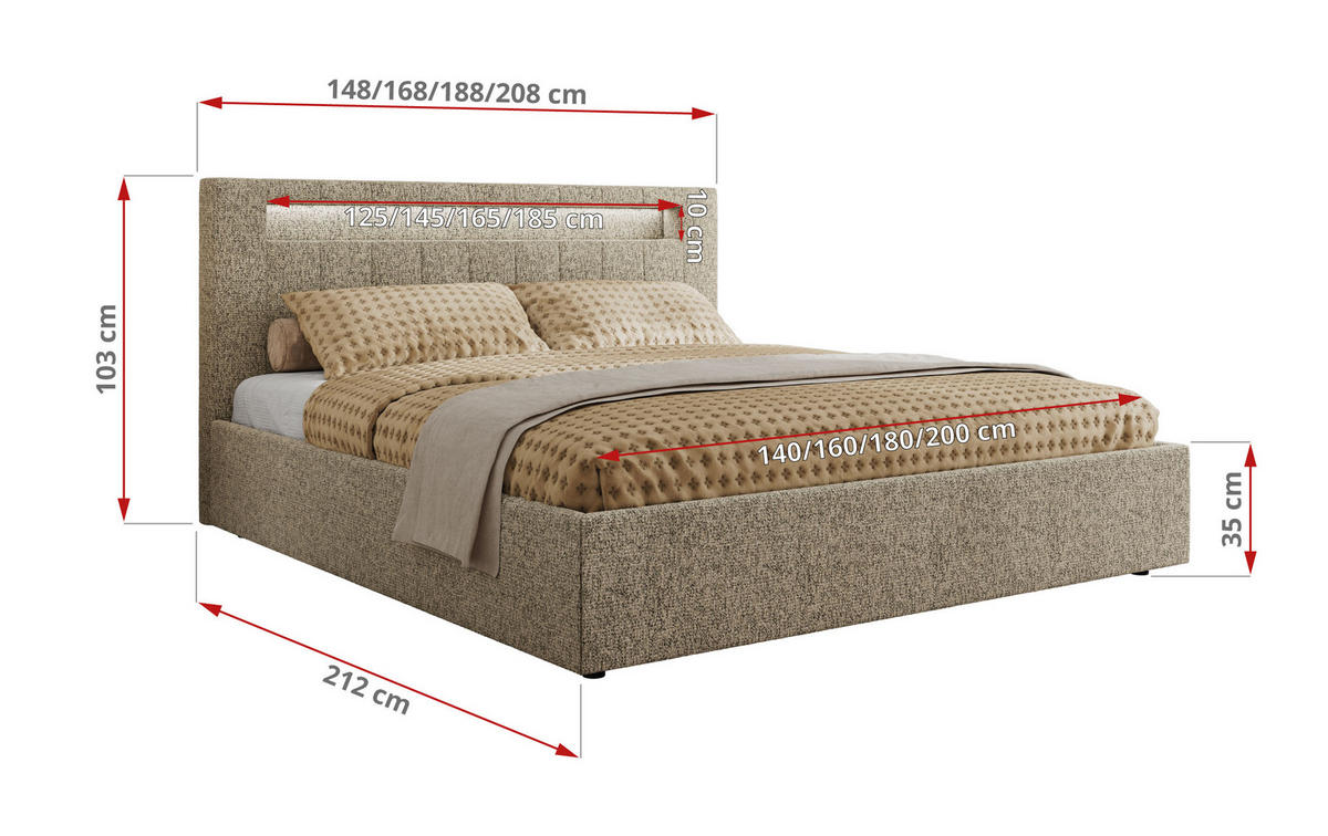 POLSTERBETT GOLD 5 CLASSIC 180/200 - Dunkelbeige Strukture - Schaum-Matratze - Taupe, Textil (180/200cm) - MKS