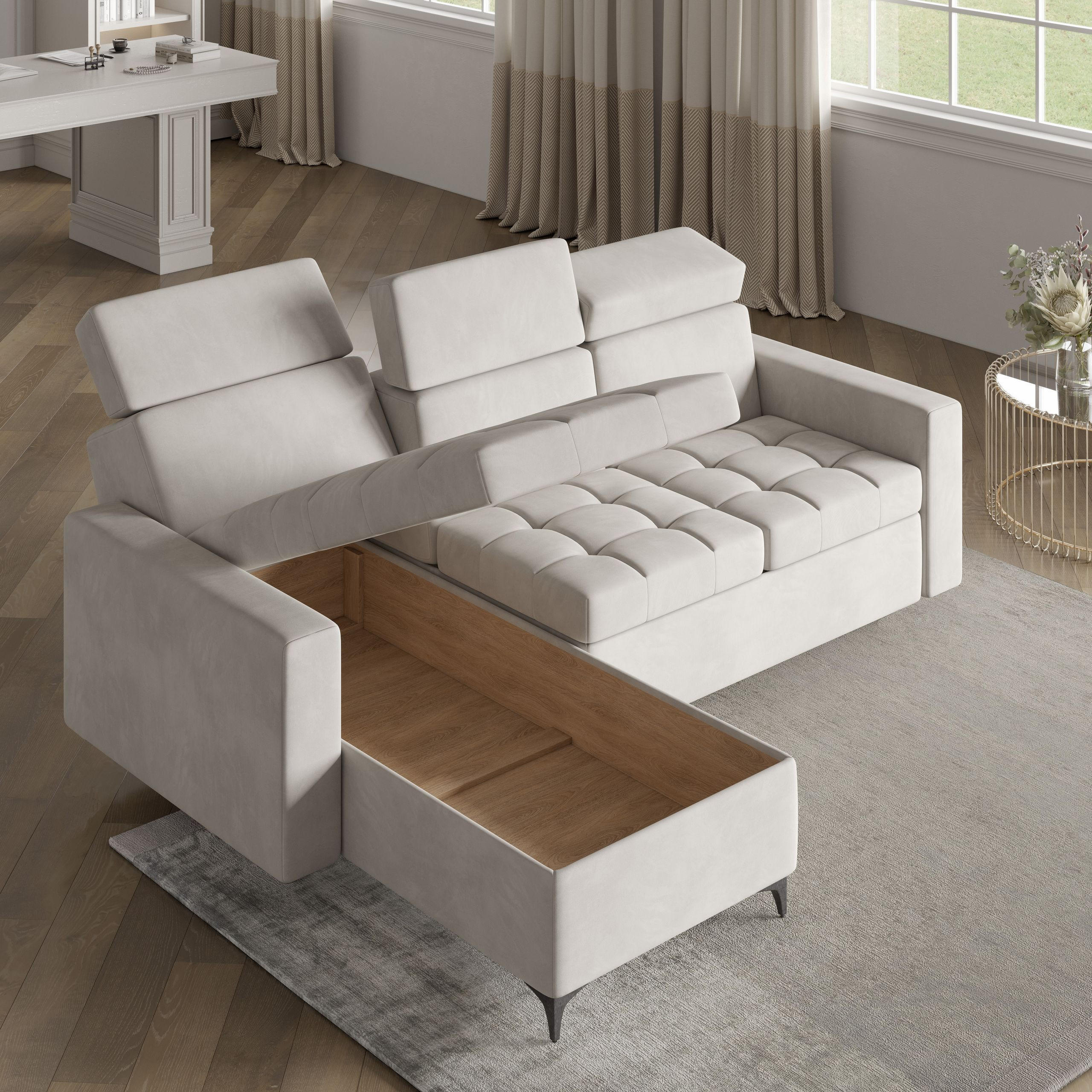 ECKSOFA KAME Braun Plüsch-Stoff mit Schlaffunktion - Braun, Holz (227/168cm) - MASSENO