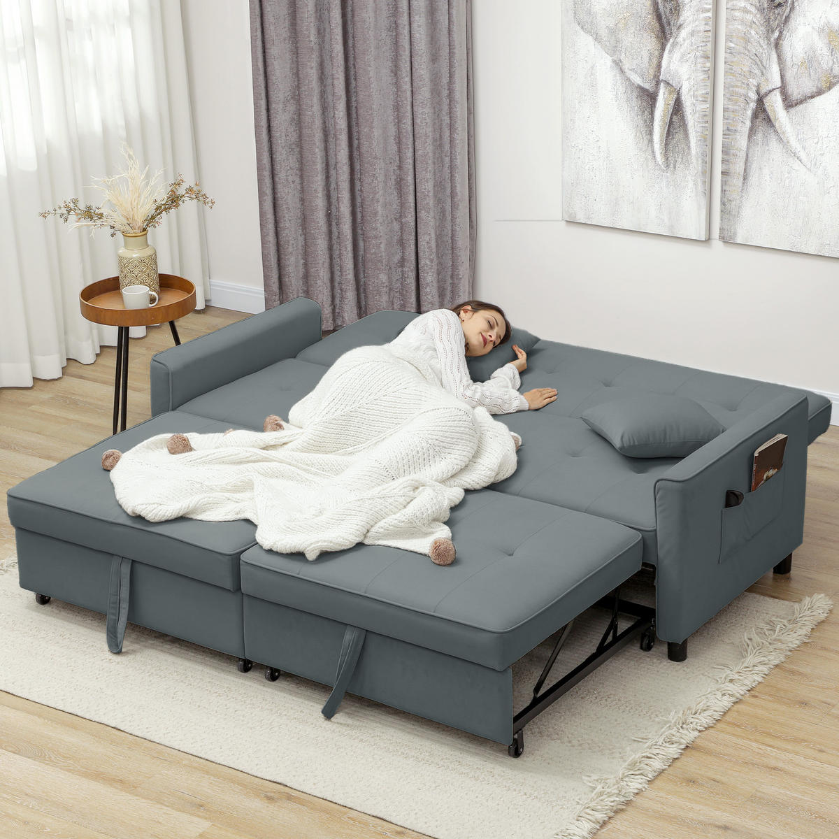 SOFABETT DE-06504 verstellbare 3-Sitzer-Couch mit Bettfunktion, ausziehbares Bett Grau - Grau, Holz/Textil (196/89/90cm) - ComfortXL