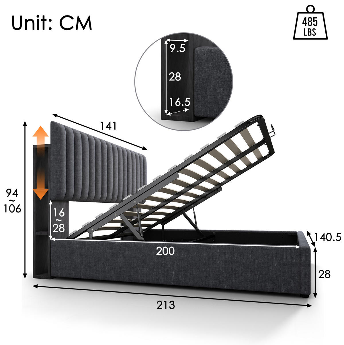 POLSTERBETT 140/200 cm mit Bettkasten, LED-Kopfteil, USB/Type-C & Stauraumfächern,Grau - Grau, Textil (140/200cm) - Redom