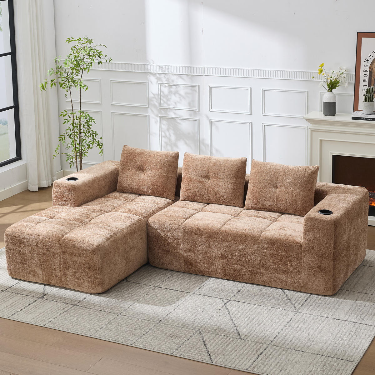ECKSOFA 255/161/64 cm Hellbraun mit Getränkehalter - Hellbraun, Textil (258/163cm) - Oxeza