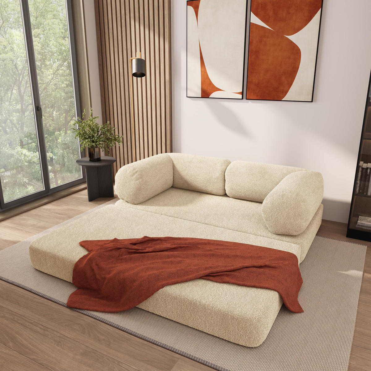 POHOVKA z pěny EIREN s funkcí spaní Buklé látka Krémová - krémová, textil (170/68/80cm) - MASSENO