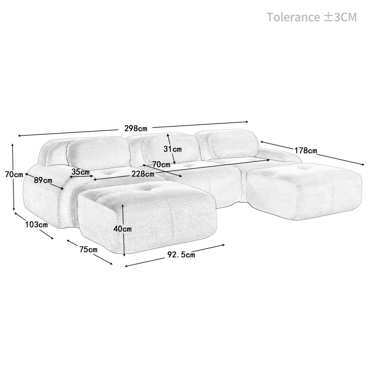 ECKSOFA 298/178/75 cm grau aus Cordstoff modular, rahmenlos und montagefrei - Grau, Textil (178/298cm) - OKWISH