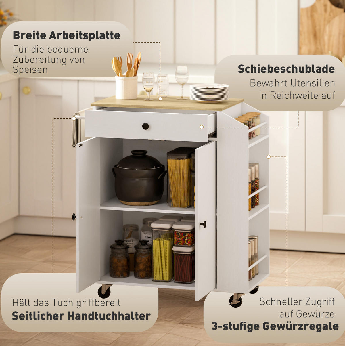 KÜCHENINSEL weiß aus Spanplatte mit Rollen und Arbeitsplatte - Weiß, Holzwerkstoff (82/86.5/38cm) - OKWISH