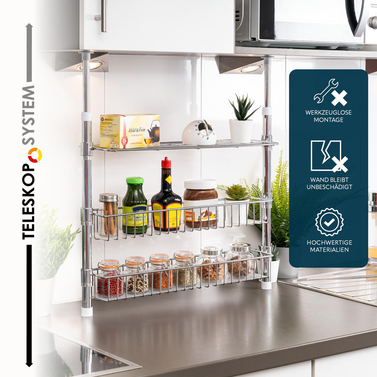 TELESKOP-GEWÜRZREGAL, silber, Metall - Chromfarben, Metall (55/80/14cm) - bremermann
