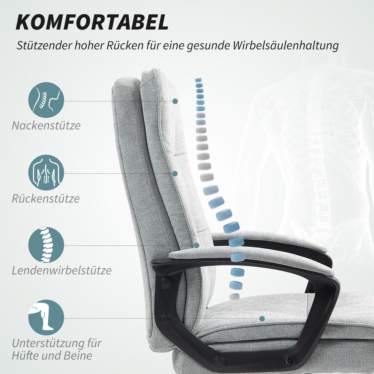 BÜROSTUHL Ergonomischer Schreibtischstuhl mit Wippfunktion Höhenverstellbar Grau - Grau, Textil (63/112/70cm) - HOMCOM