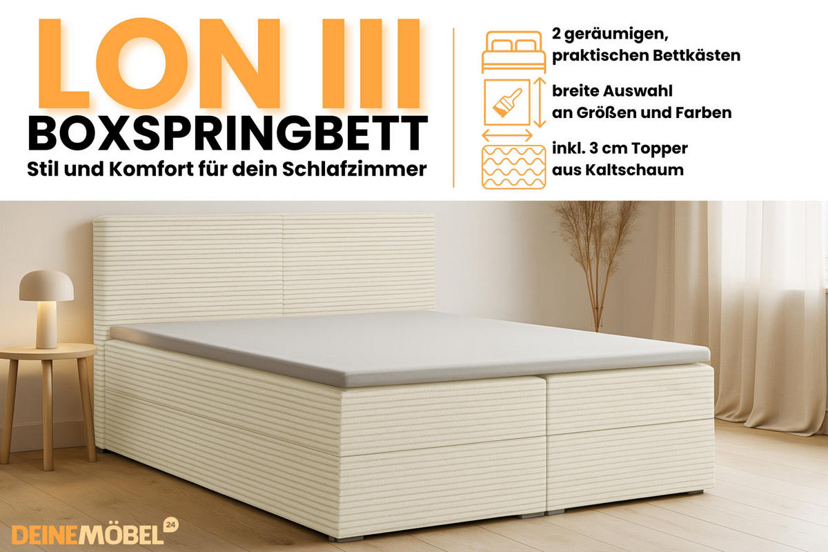 BOXBETT LON III 200/200 in Cord Creme H4 - Creme, Holz/Holzwerkstoff (200/200cm) - Deine Möbel 24