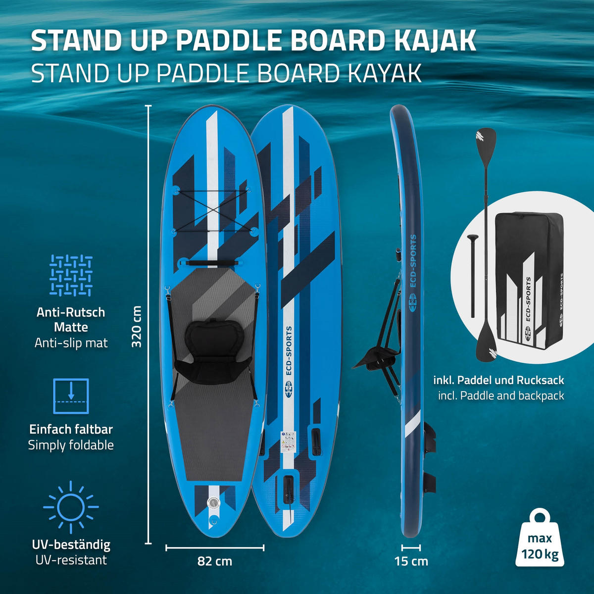 STAND UP PADDLE BOARD Kajak Blau - Blau, Kunststoff (320/82/15cm) - ECD-Germany