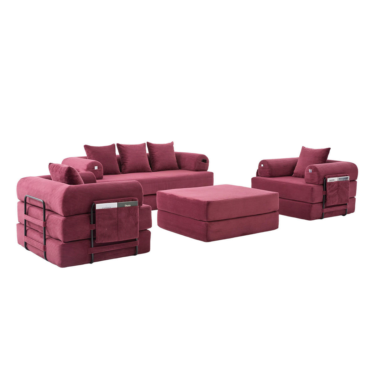 SITZGARNITUR DE-33801 modular mit Hocker Weinrot - Weinrot, Metall (200/67/190cm) - ComfortXL