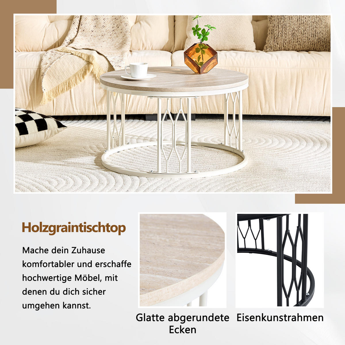 COUCHTISCH DE-37365 rund mit Holzoptik Weiß - Weiß, Metall (70/70/40.5cm) - ComfortXL