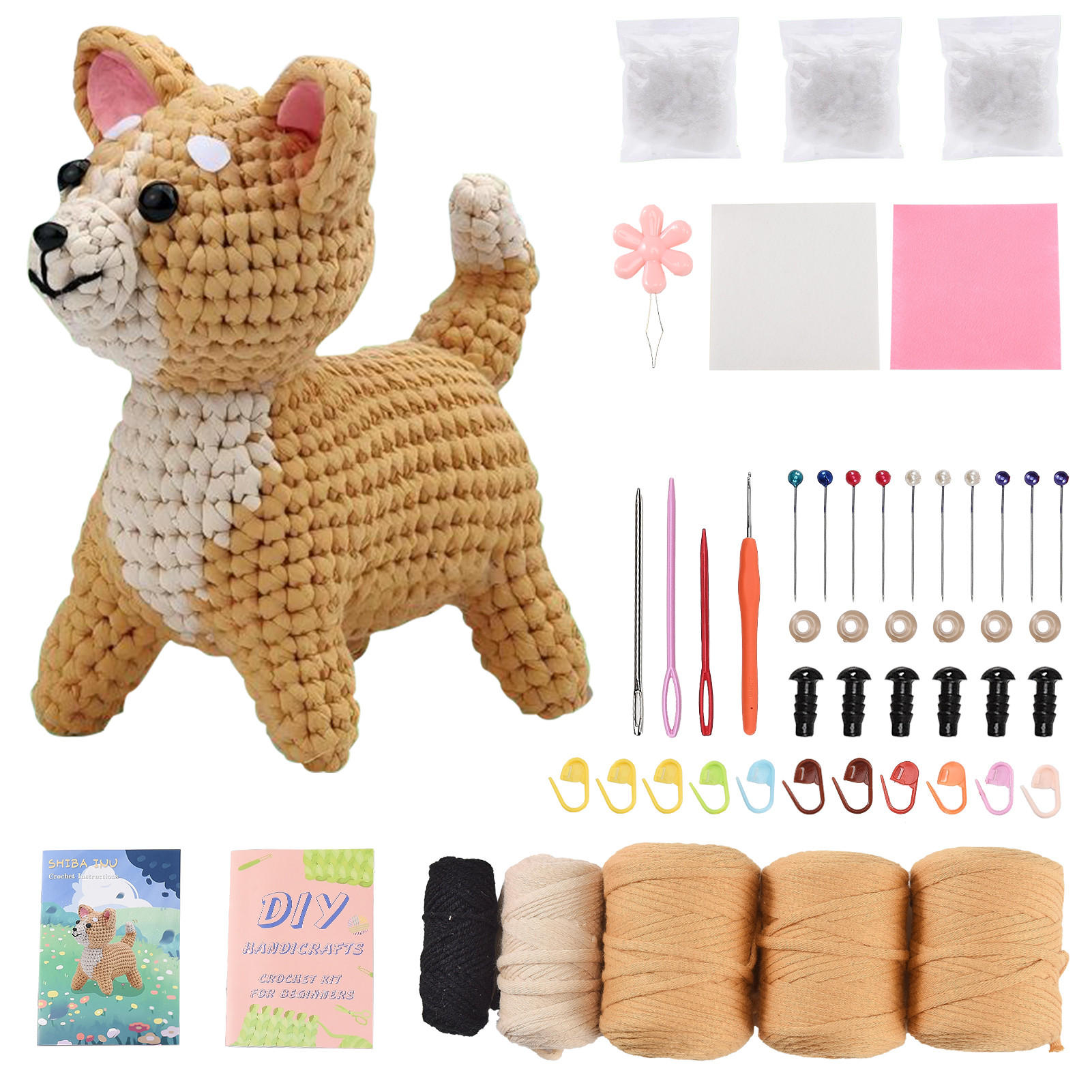 KOMPLET za heklanje pasa Shiba Inu, DIY amigurumi za početnike s uputama i priborom - smeđa, tekstil (1/1/1cm)