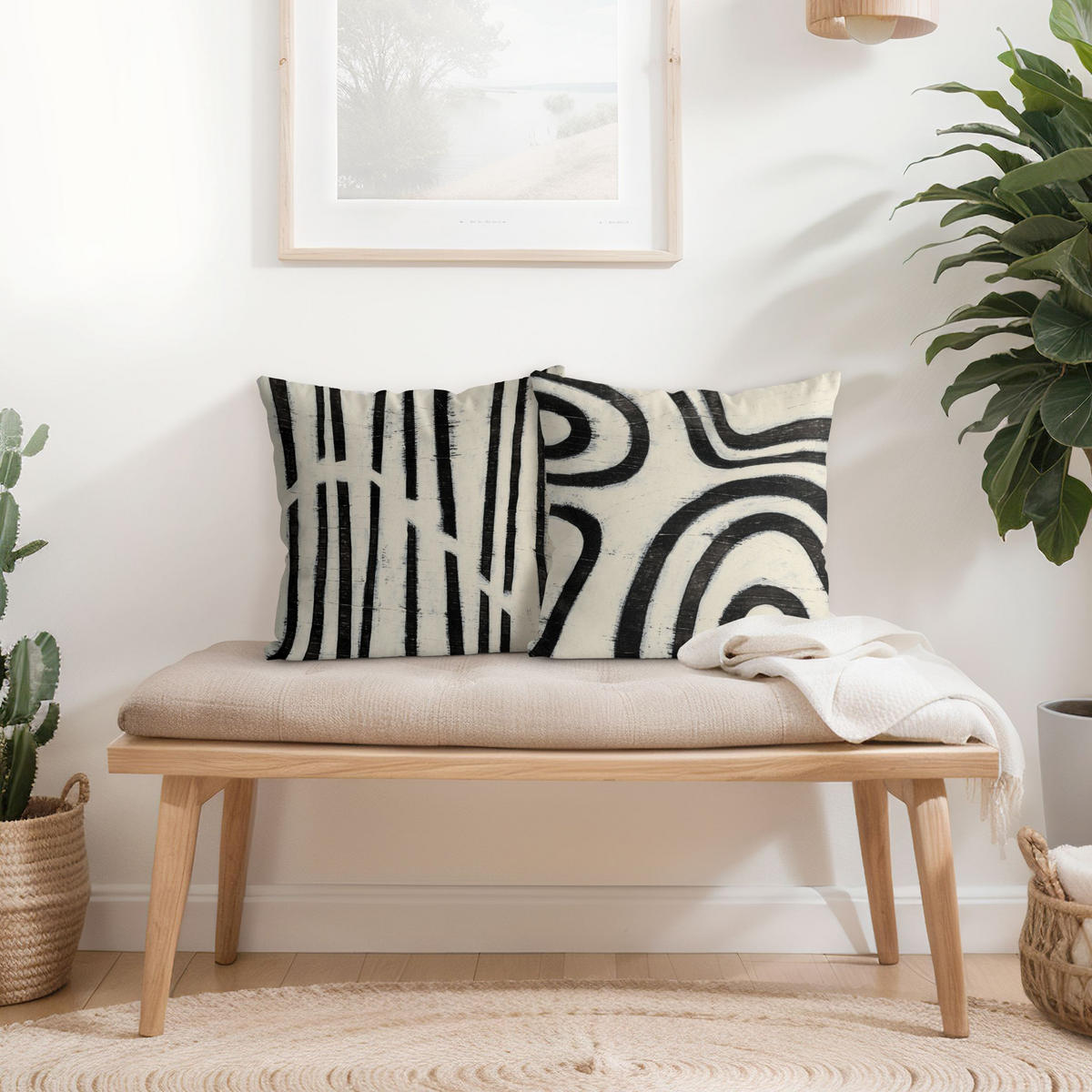 DEKOKISSEN 2er-Set Gemaltes Schwarzes Wellen Streifen Duo 40/40 cm - Schwarz, Textil (40/40cm) - Bilderwelten