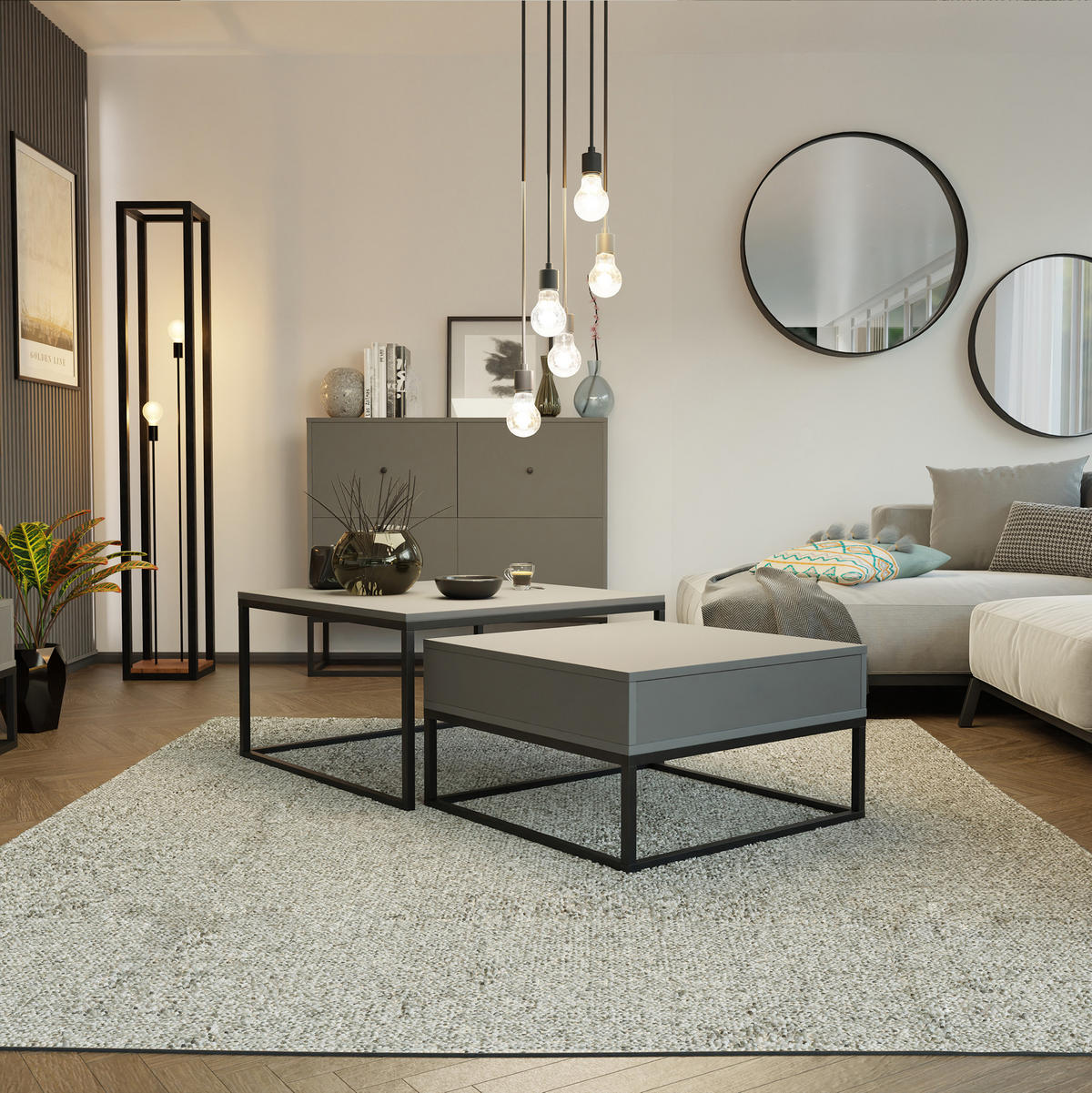 COUCHTISCH quadratisch Grau, MDF Tischplatte, Rahmen Schwarz - Schwarz/Grau, Holzwerkstoff (70/70/42cm) - Idohome