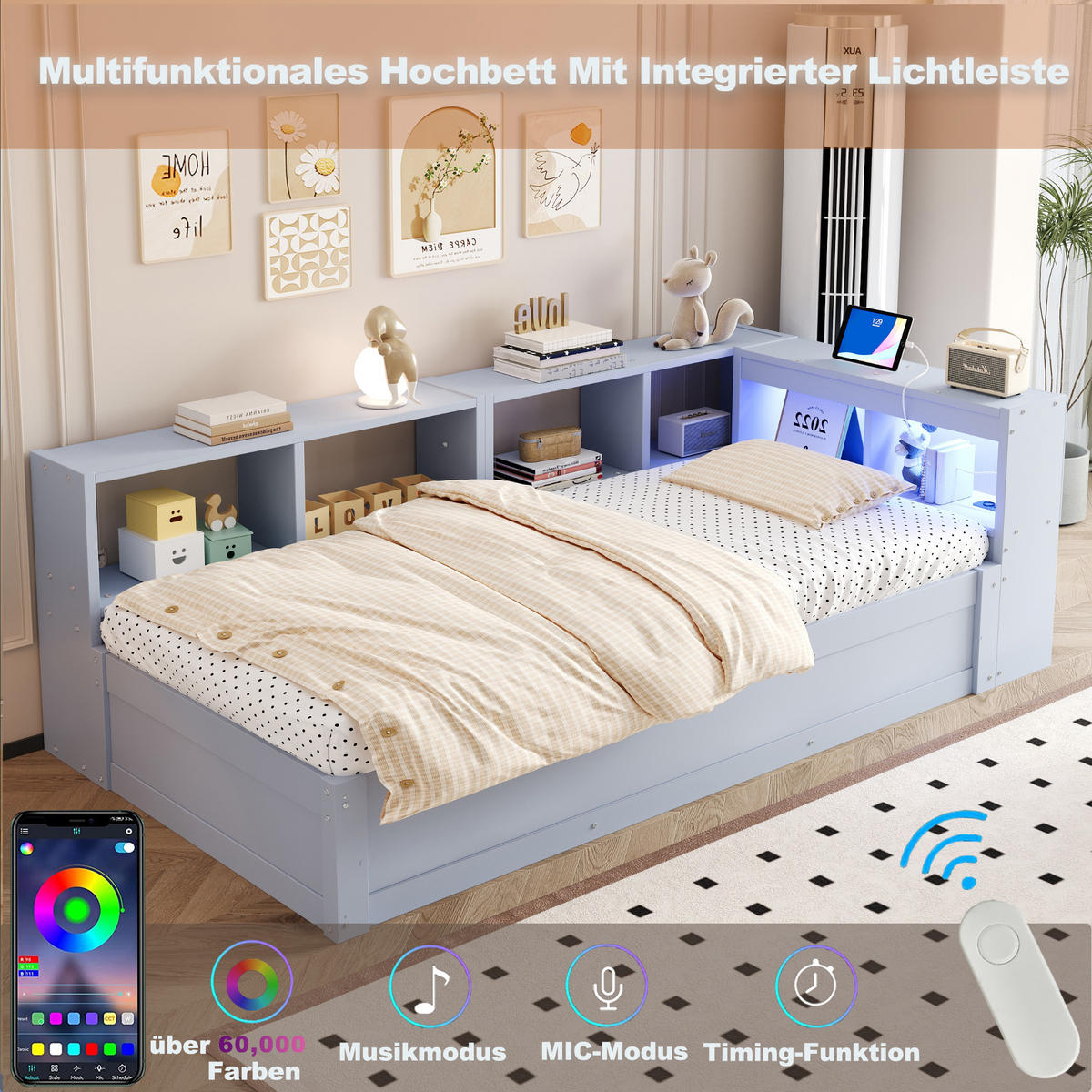 SCHLAFSOFA 90x200cm LED Stauraum Steckdose Massivholz Grau - Grau, Holzwerkstoff (90/200cm) - FLIEKS