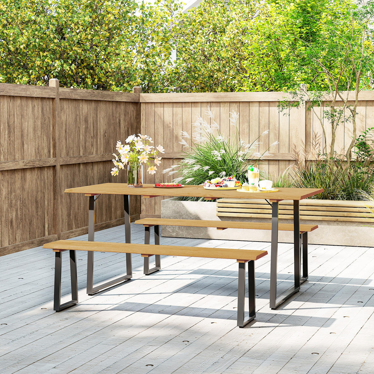 SITZGRUPPE 3-teilig Holz Essgruppe für 6 Personen Esstisch mit Bänke Schirmloch - Schwarz/Naturfarben, Holz/Metall - Outsunny