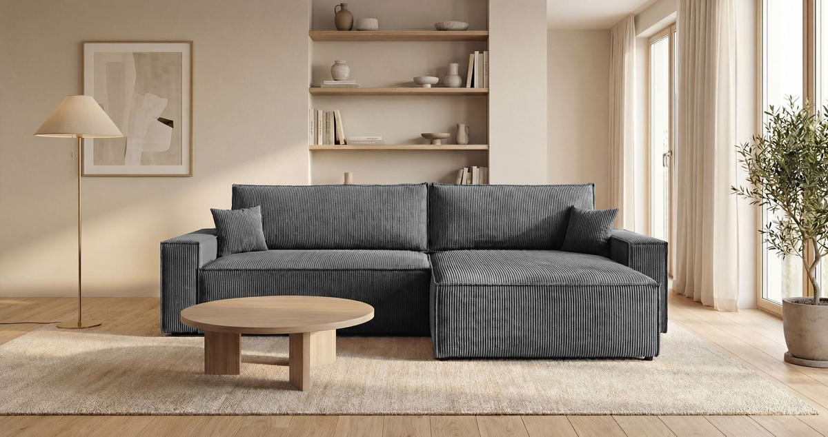 ECKSOFA VIENNA rechts dunkelgrau Cord Poso 60 - Schlaffunktion, Bettkasten - Anthrazit, Textil (285/184cm) - Cornero