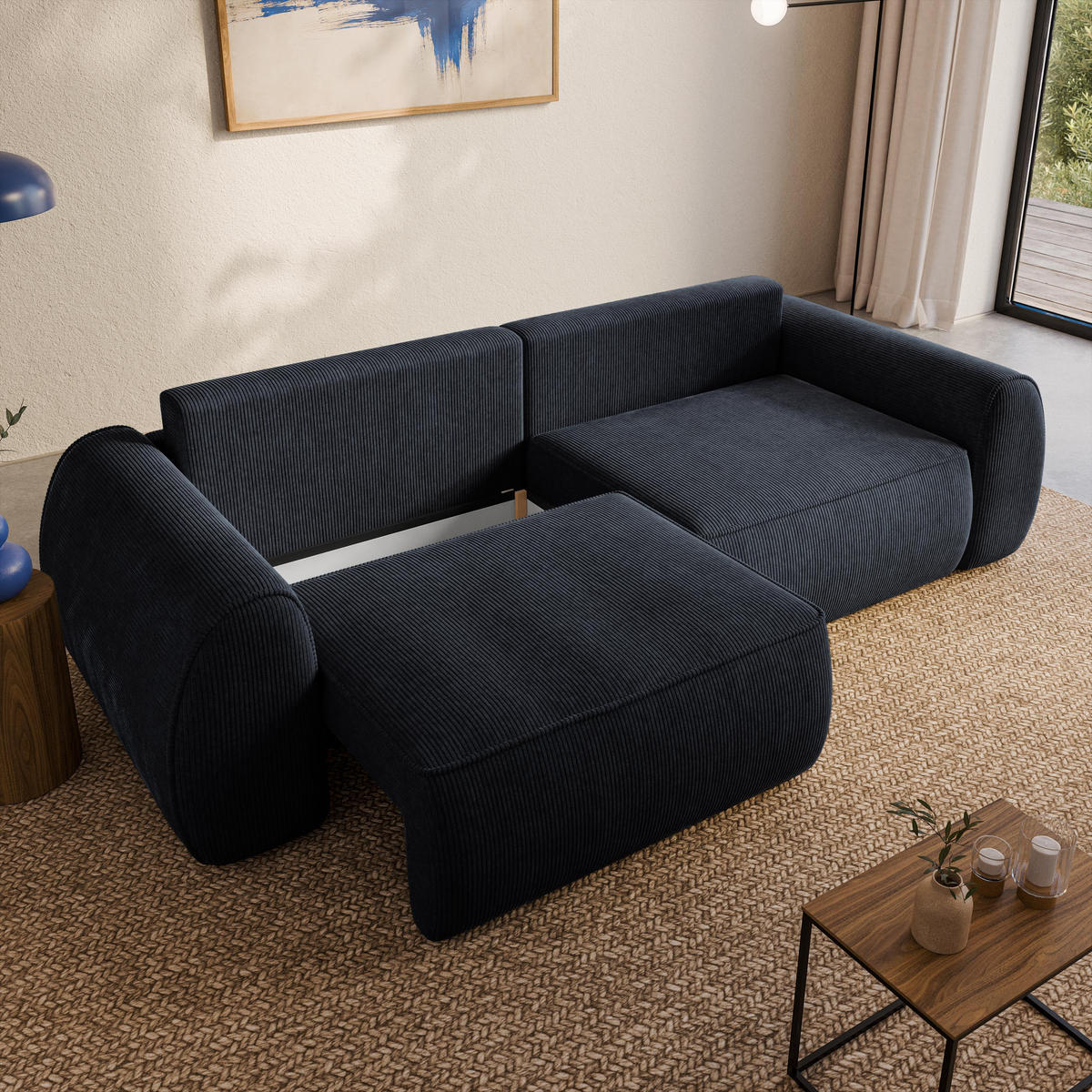 BETTSOFA ZEFEO Schwarz Kordstoff mit Schlaffunktion - Schwarz, Textil (264/96/106cm) - MASSENO
