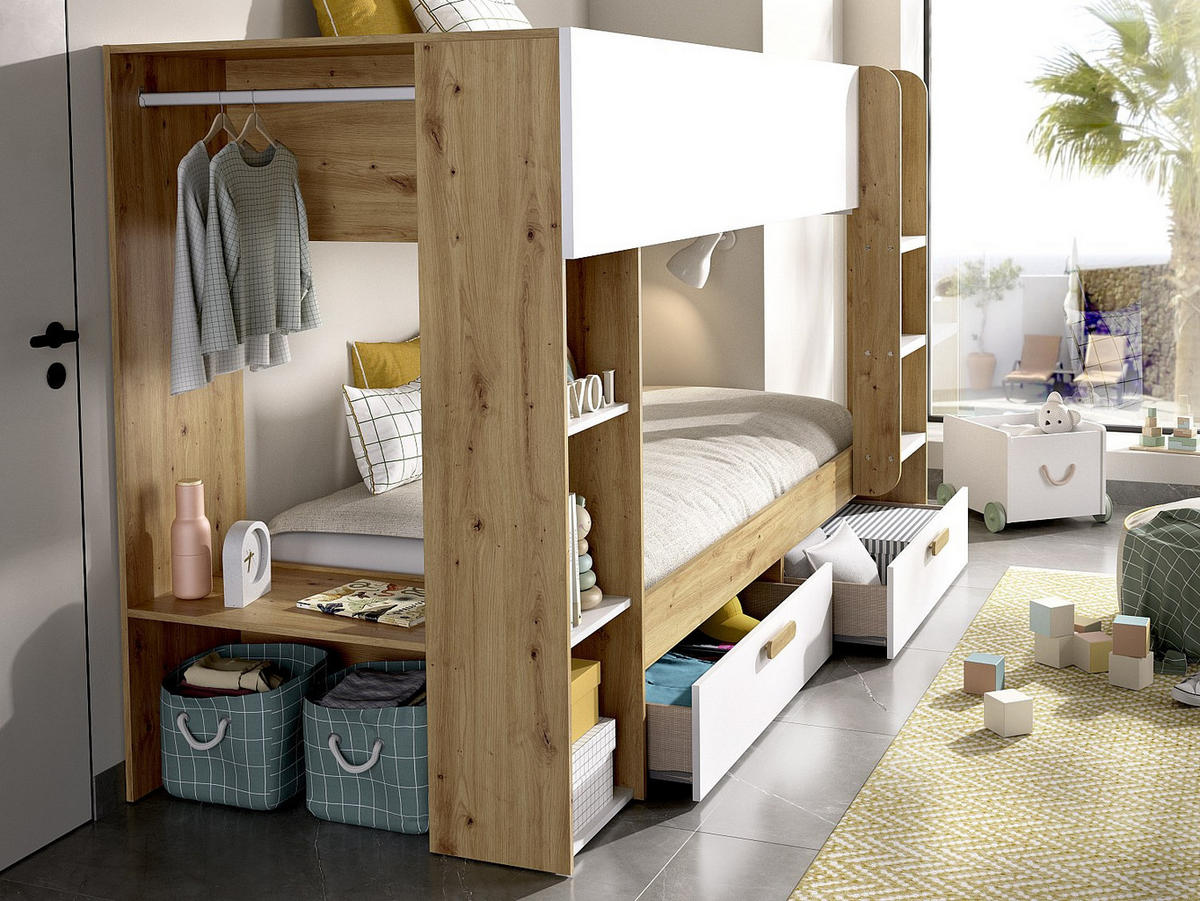 ETAGENBETT 2 x 90 x 200 cm mit Stauraum und Kleiderschrank - Weiß und natürlich + Matratze - OSANA - Naturfarben, Holz - Vente-Unique