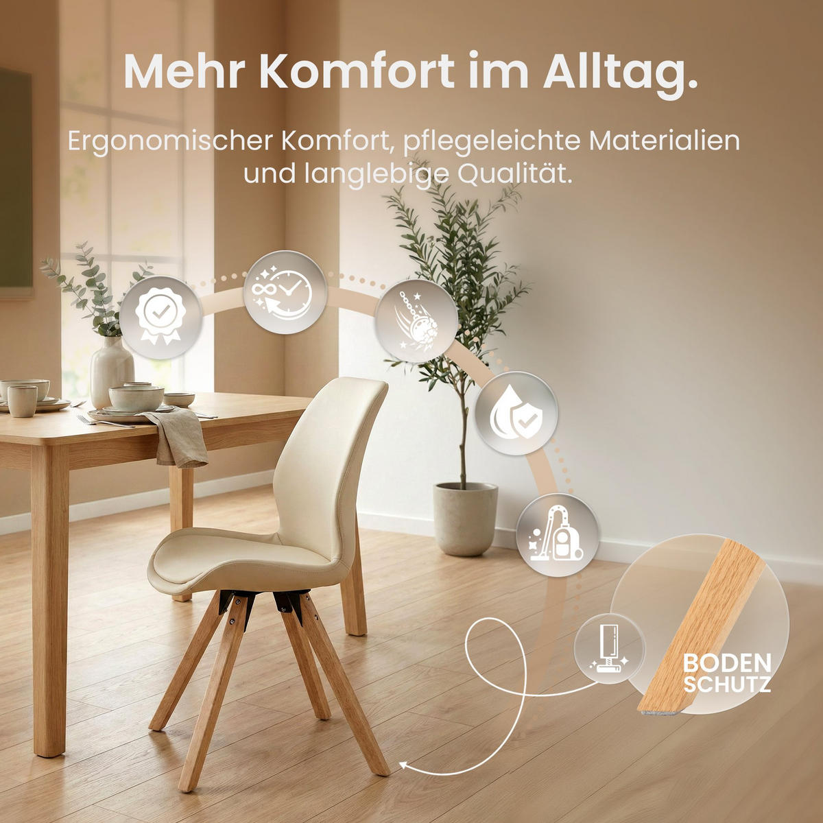 STUHL 4er Set Lederlook Creme - Eukalyptusholzfarben/Creme, Holz/Textil (49/87/58cm) - CLP