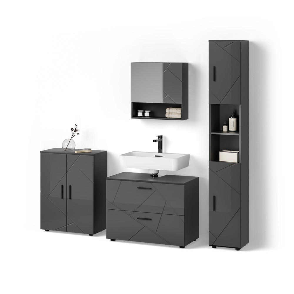 BADMÖBEL-SET Ronco Anthrazit Hochglanz 4 Teile, mit Schubladenschrank und Midischrank - Schwarz Hochglanz/Anthrazit, Holzwerkstoff (80/58/41cm) - Livinity®