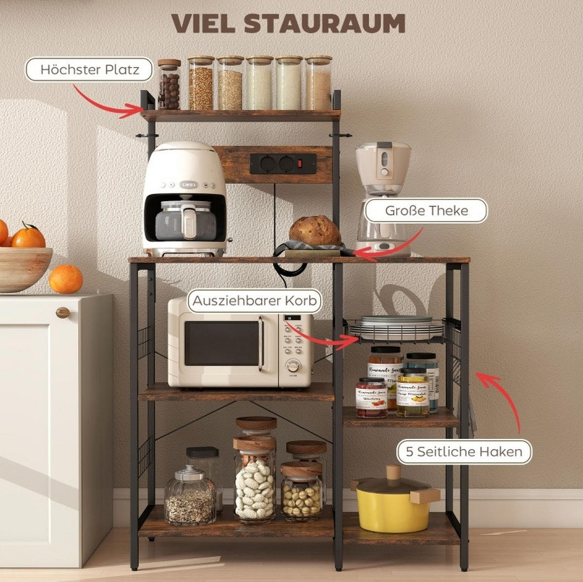 KÜCHENREGAL 90x42x130cm Braun mit verstellbarem Regal, Drahtkorb & Haken - Braun, Holz (90/130/42cm) - Modfu