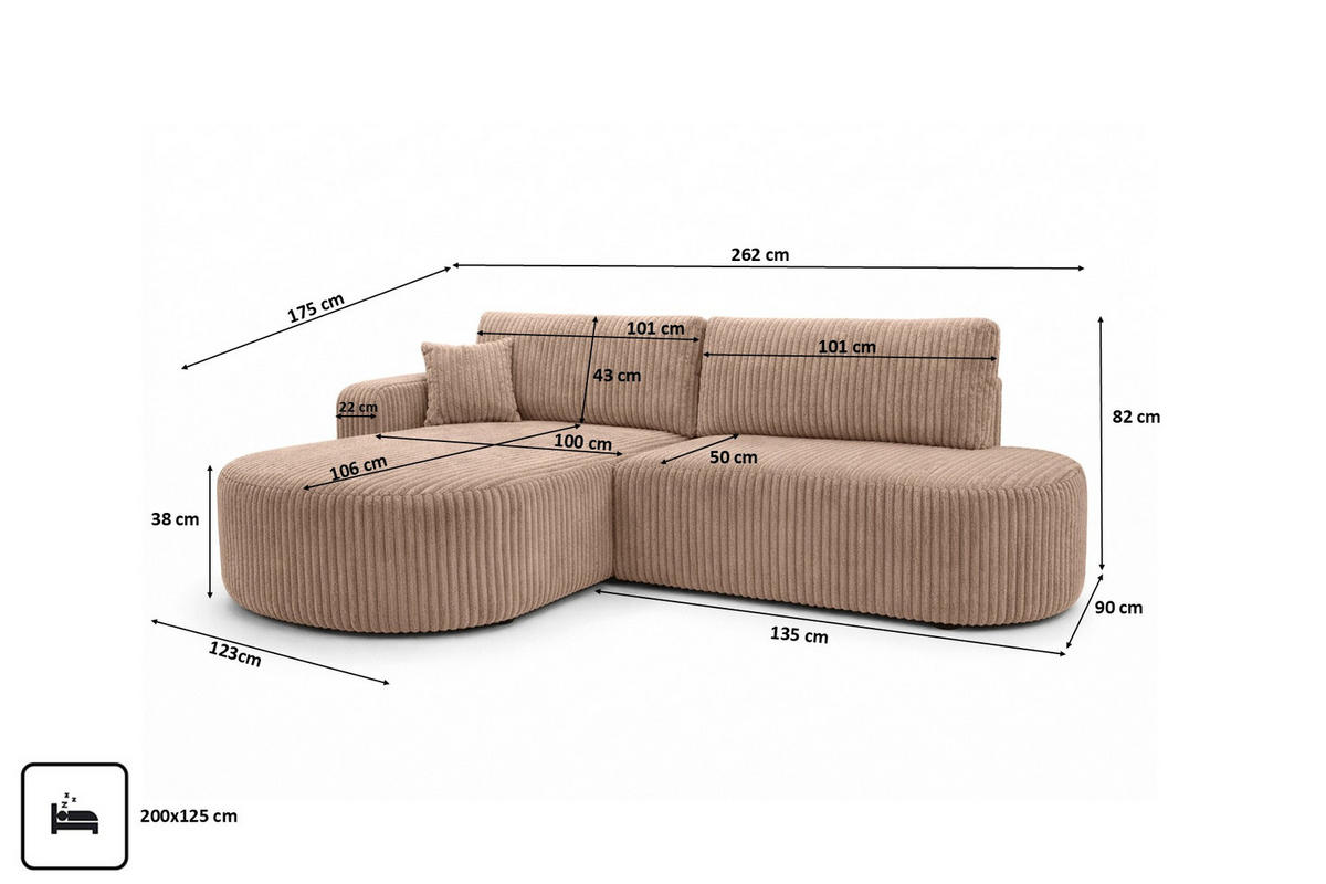 ECKSOFA Mit Schlaffunktion Und Bettkasten, Cordstoff Tilia, Braun, Links, ROUND ONE OPEN XL - Braun, Holz (262/175cm) - Kaiser Möbel