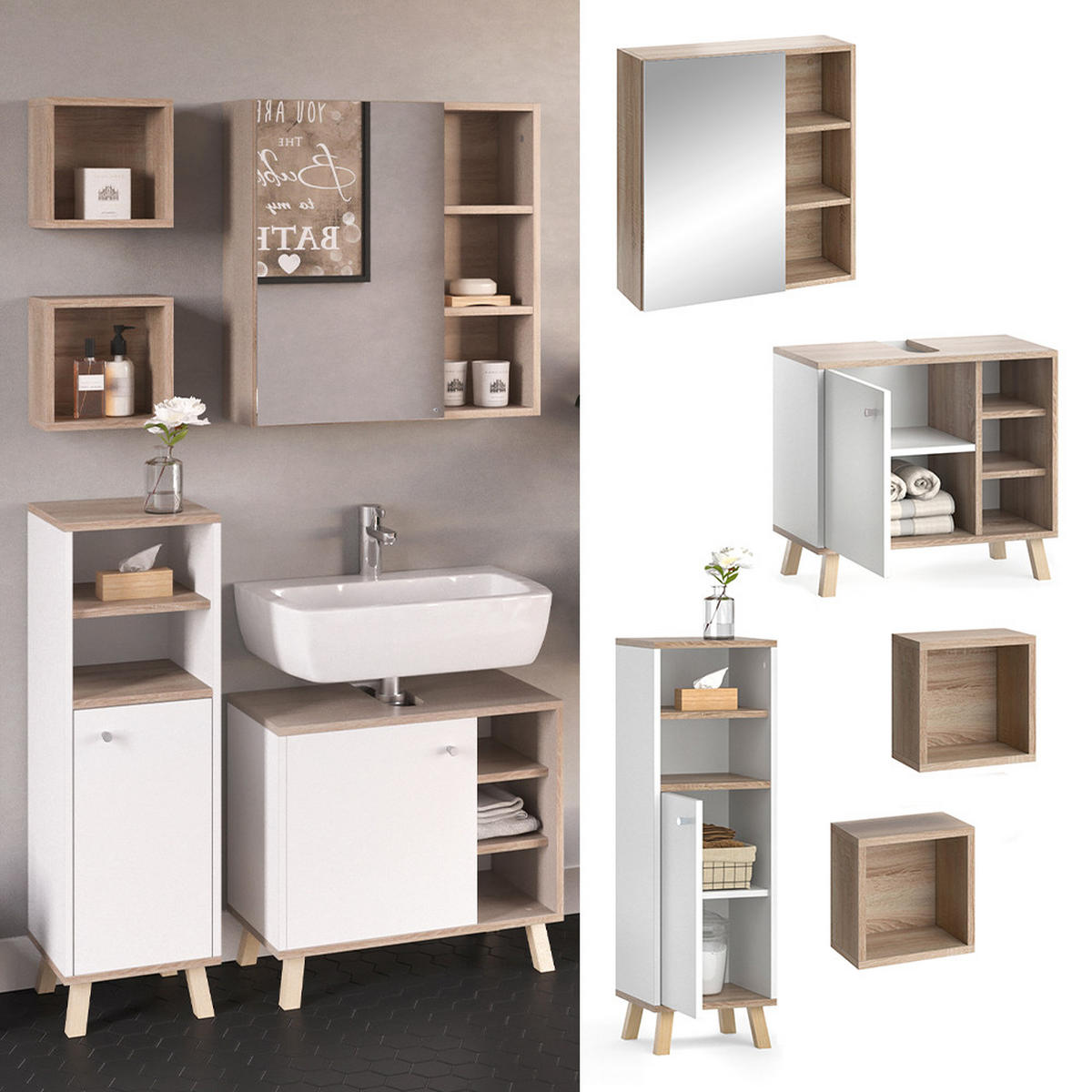 BADMÖBEL-SET Senyo Weiß 4 Teile, mit Midischrank - Weiß/Sonoma Eiche, Holzwerkstoff (62/54/32cm) - Vicco
