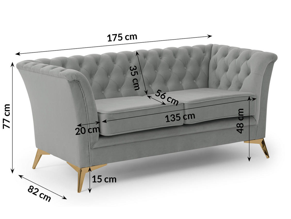 SITZGARNITUR 3+2 Chesterfield Whitby Grau Samt mit goldenen Füßen - Goldfarben/Grau, Holz/Textil (237/78/82cm) - S-Style Möbel