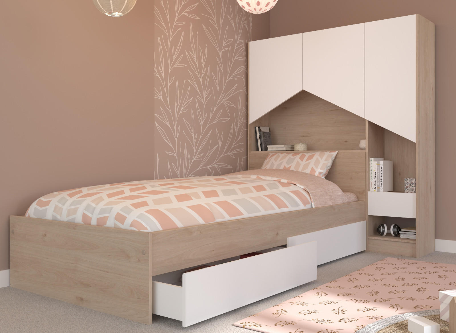 JUGENDBETT 90 x 200, Set mit Stauraumbett und Schrank - Eichefarben/Weiß, Holz/Holzwerkstoff (90/200cm) - Parisot Meuble