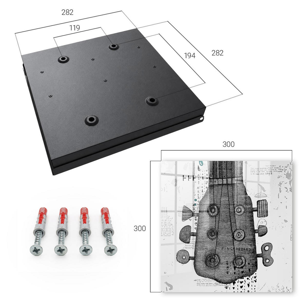 SCHLÜSSELBOX Schwarz 30x30 cm- Türöffnung nach rechts - Gitarrenillustration - Weiß, Metall (30/30/5cm) - TULUP