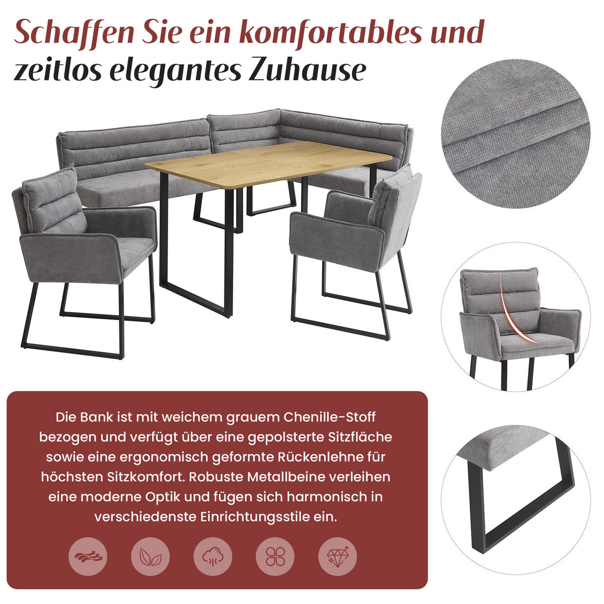 ECKBANKGRUPPE Grau Holz Chenille Tisch 2 Stühle Eckbank - Grau, Holzwerkstoff - FLIEKS